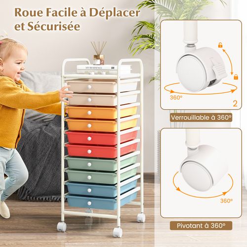 Tour De Rangement, Desserte à Roulettes Avec 10 Tiroirs, Chariot De Rangement Stable Solide