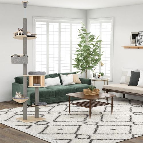Arbre à Chat Du Sol Au Plafond Avec Hauteur Réglable De 236 à 271 Cm, Gris