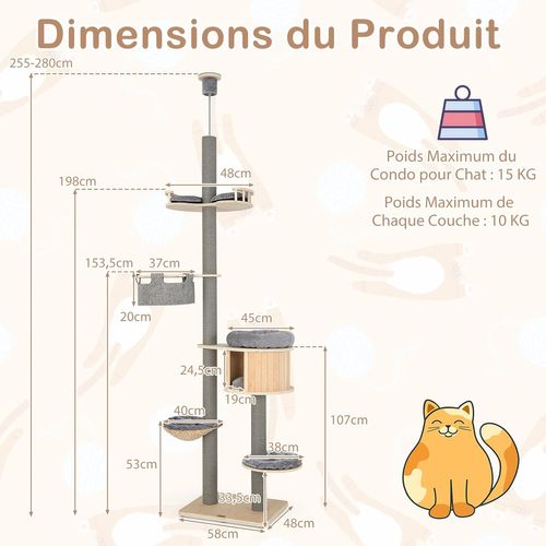 Arbre à Chat Du Sol Au Plafond Avec Hauteur Réglable De 236 à 271 Cm, Gris