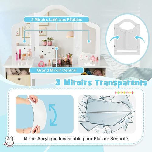 2 En 1 Coiffeuse Et Chaise Enfants Avec Miroir Amovible à Trois Volets, Charge 100/50kg (blanc)