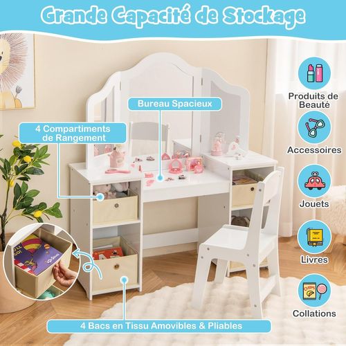 2 En 1 Coiffeuse Et Chaise Enfants Avec Miroir Amovible à Trois Volets, Charge 100/50kg (blanc)