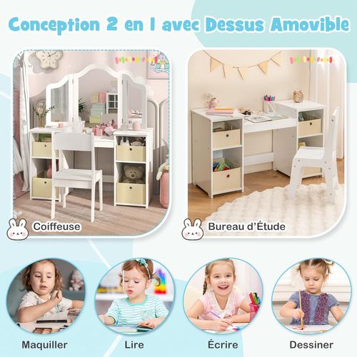 2 En 1 Coiffeuse Et Chaise Enfants Avec Miroir Amovible à Trois Volets, Charge 100/50kg (blanc)