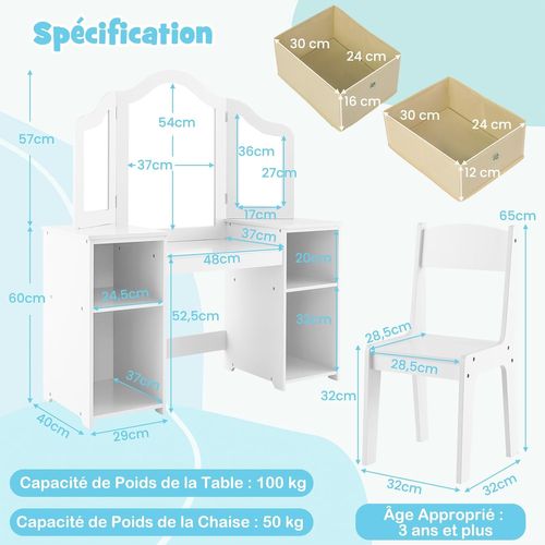 2 En 1 Coiffeuse Et Chaise Enfants Avec Miroir Amovible à Trois Volets, Charge 100/50kg (blanc)