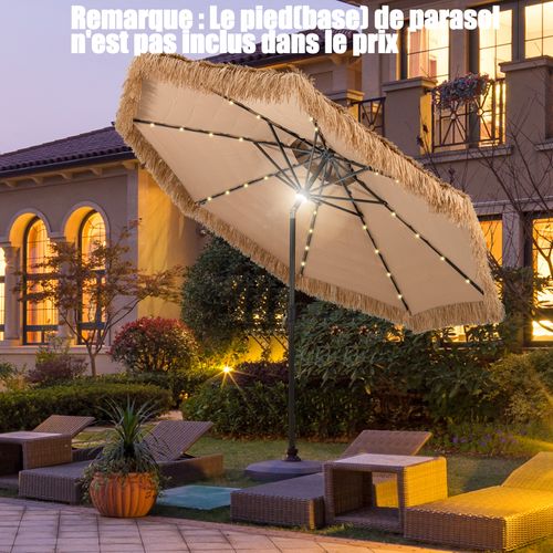 Parasol De Jardin Exterieur Φ 292 Cm, 12 Couches De Paille Pe Et Lumières LED Solaire Naturel