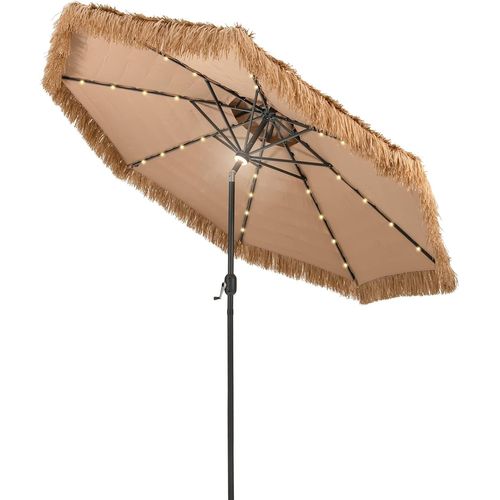 Parasol De Jardin Exterieur Φ 292 Cm, 12 Couches De Paille Pe Et Lumières LED Solaire Naturel