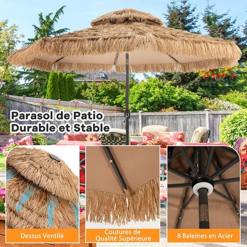 Parasol De Jardin Exterieur Φ 292 Cm, 12 Couches De Paille Pe Et Lumières LED Solaire Naturel