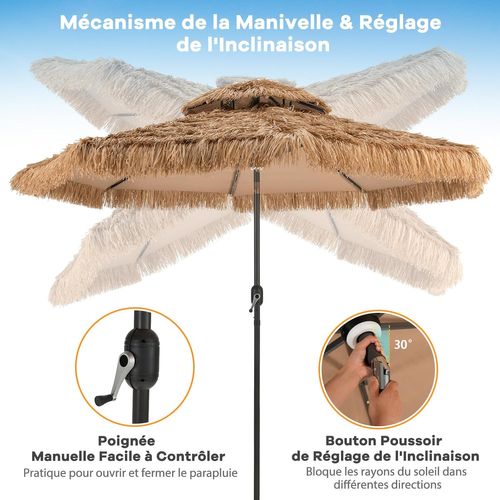 Parasol De Jardin Exterieur Φ 292 Cm, 12 Couches De Paille Pe Et Lumières LED Solaire Naturel