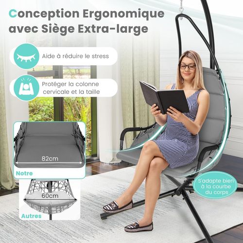 Fauteuil Suspendu Avec Support En Acier, Balançoire Suspendue, Charge 120 Kg (gris)
