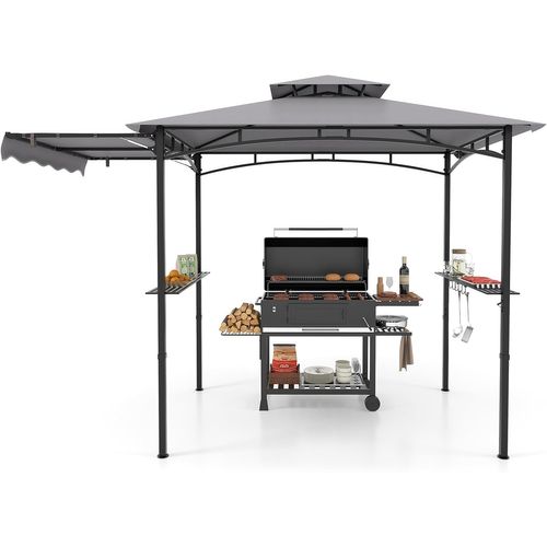 Tonnelle De Barbecue 318 X 153 Cm Avec Auvent Latéral, Abri Barbecue Cadre En Métal，gris