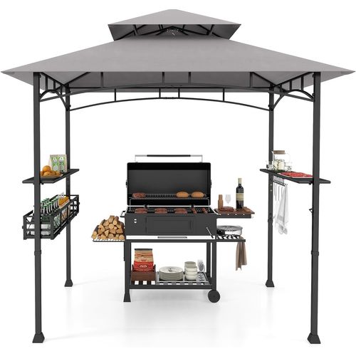 Tonnelle De Barbecue 242 X 153 Cm Avec 2 Etagères Latérales, Abri Cadre En Métal，gris