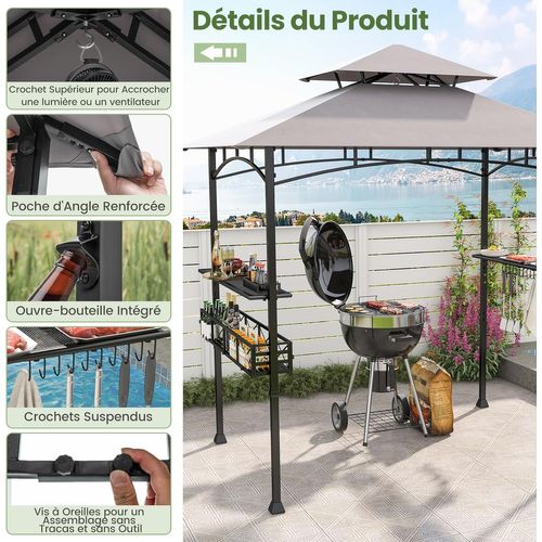 Tonnelle De Barbecue 242 X 153 Cm Avec 2 Etagères Latérales, Abri Cadre En Métal，gris