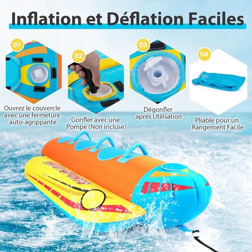 Bateau Banane Gonflable Pour 1 à 3 Passagers Charge 231kg, 252 X 108 X 51 Cm，rouge + Jaune