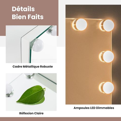Miroir Maquillage Lumineux 50 X 43 Cm, Miroir LED 14 Lumières, Contrôle Tactile, Loupe X 5, Blanc