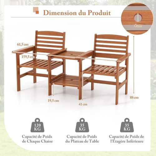 Ensemble De Meubles De Patio 2 Places En Bois, Salon De Jardin Avec 2 Chaises