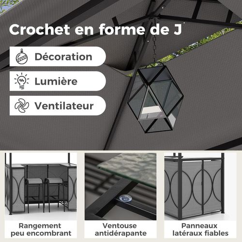 Tonnelle De Barbecue 3 Pièces Avec 2 Tabourets De Bar Avec Plateau, 194x121x242cm, Gris