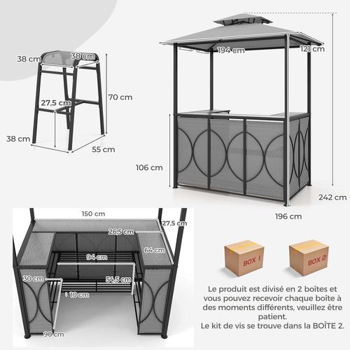 Tonnelle De Barbecue 3 Pièces Avec 2 Tabourets De Bar Avec Plateau, 194x121x242cm, Gris