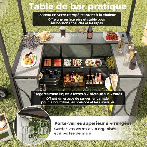 Tonnelle De Barbecue 3 Pièces Avec 2 Tabourets De Bar Avec Plateau, 194x121x242cm, Gris