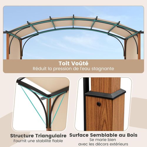 Pergola Rétractable D'extérieur Métallique à Arcs 300x360cm Pour Patio, Tonnelle Treillis, Beige