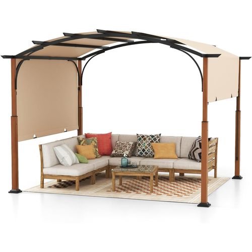 Pergola Rétractable D'extérieur Métallique à Arcs 300x360cm Pour Patio, Tonnelle Treillis, Beige
