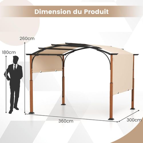 Pergola Rétractable D'extérieur Métallique à Arcs 300x360cm Pour Patio, Tonnelle Treillis, Beige