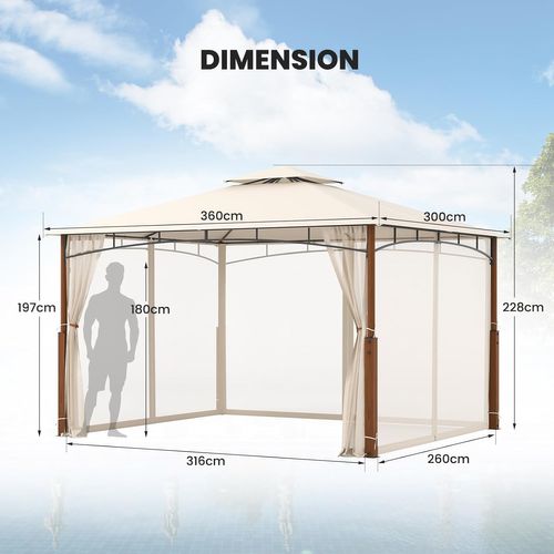 Tonnelle De Jardin 360 X 300 Cm Avec Moustiquaire, Pavillon De Patio Extérieur, Beige