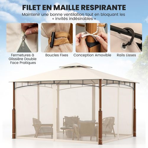 Tonnelle De Jardin 360 X 300 Cm Avec Moustiquaire, Pavillon De Patio Extérieur, Beige