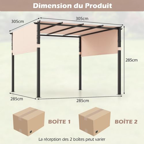 Pergola Rétractable D'extérieur Métallique à Toit Plat 305 X 305 Cm Avec Auvent Rétractable, Beige