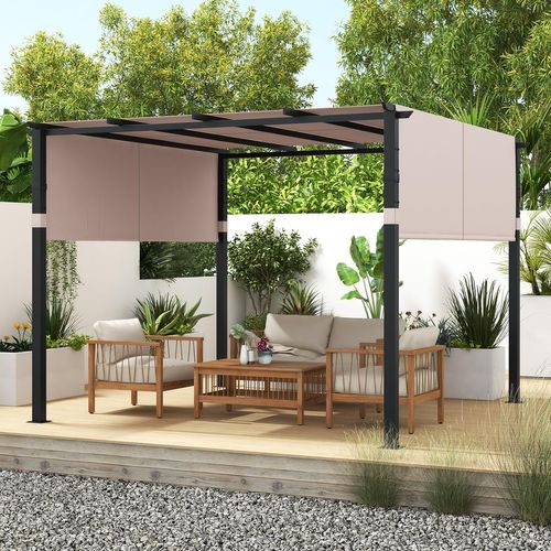 Pergola Rétractable D'extérieur Métallique à Toit Plat 305 X 305 Cm Avec Auvent Rétractable, Beige