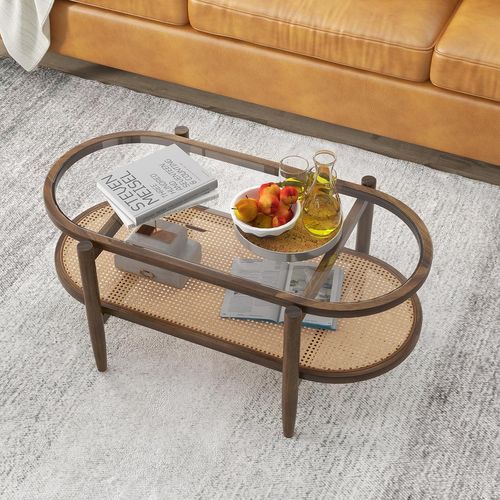 Table Basse Bois En Verre Rotin Cannage, Table D'appoint Ovale, Charge 120kg, 102×56×47cm,marron