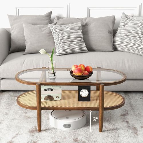 Table Basse Ronde En Verre Et Bois Massif Noyer - Table D'appoint Pour Salon Et Chambre | 82 X 57 X 40 Cm