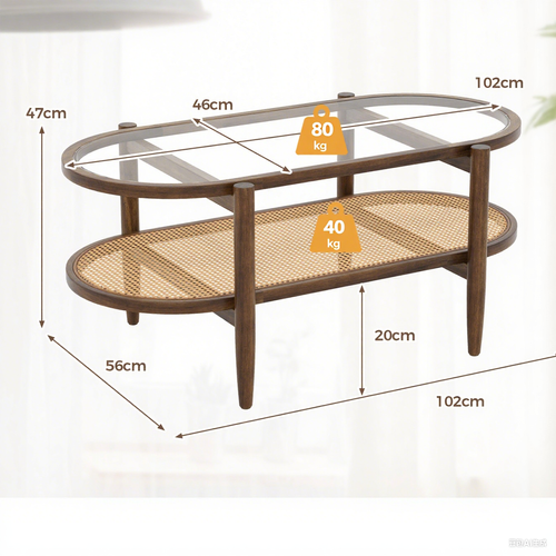 Table Basse Bois En Verre Rotin Cannage, Table D'appoint Ovale, Charge 120kg, 102×56×47cm,marron