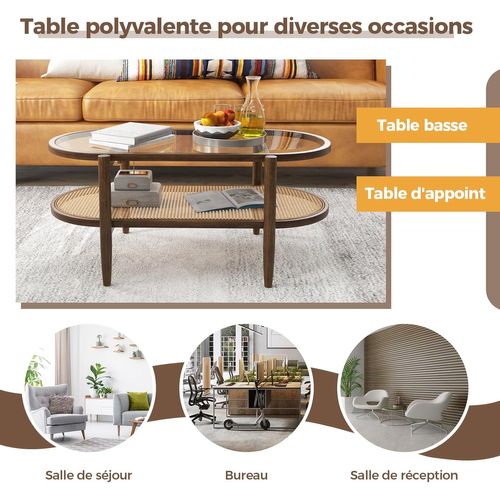 Table Basse Bois En Verre Rotin Cannage, Table D'appoint Ovale, Charge 120kg, 102×56×47cm,marron