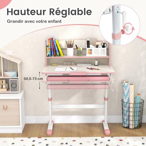 Bureau Enfants Avec Réglable En Hauteur (50,5-73 Cm) Et Plateau Inclinable(0-60°), Charge 100kg Rose