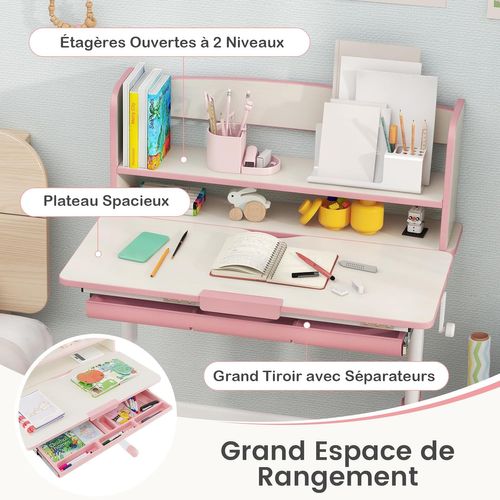 Bureau Enfants Avec Réglable En Hauteur (50,5-73 Cm) Et Plateau Inclinable(0-60°), Charge 100kg Rose
