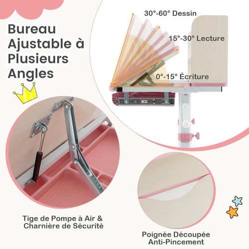 Bureau Enfants Avec Réglable En Hauteur (50,5-73 Cm) Et Plateau Inclinable(0-60°), Charge 100kg Rose
