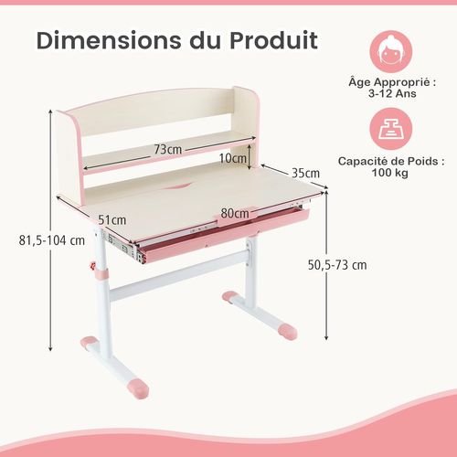 Bureau Enfants Avec Réglable En Hauteur (50,5-73 Cm) Et Plateau Inclinable(0-60°), Charge 100kg Rose