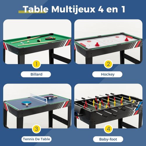 4 En 1 Baby-foot Hockey Et Billard Et Tennis De Table, 125 X 97 X 83 Cm, Pour Adulte Et Enfant