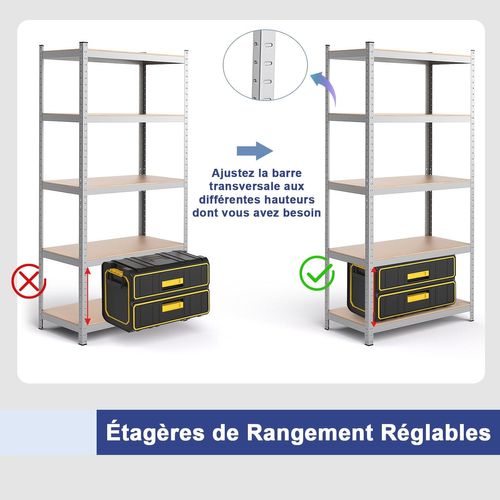 Étagère De Rangement à 5 Niveaux 46 X 91 X 183 Cm, Charge Lourde Totale 875 Kg, Argent