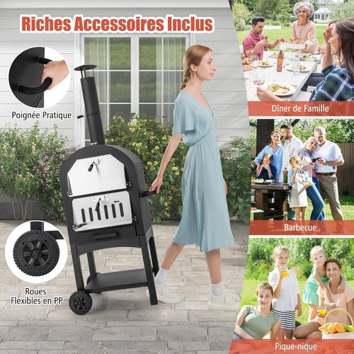 Four à Pizza Extérieur Avec Thermomètre Intégré, Grill à Pizza Mobile Avec Poignée, Noir