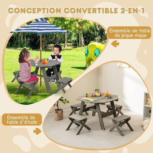 Table De Pique-nique Enfant Avec Parasol Amovible Et Réglable, Charge 100kg, Gris