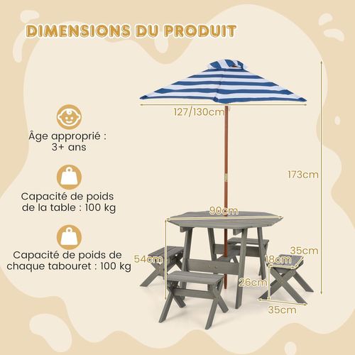 Table De Pique-nique Enfant Avec Parasol Amovible Et Réglable, Charge 100kg, Gris