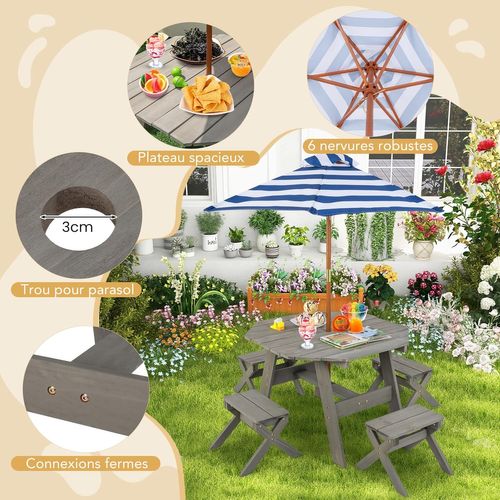 Table De Pique-nique Enfant Avec Parasol Amovible Et Réglable, Charge 100kg, Gris