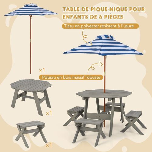 Table De Pique-nique Enfant Avec Parasol Amovible Et Réglable, Charge 100kg, Gris