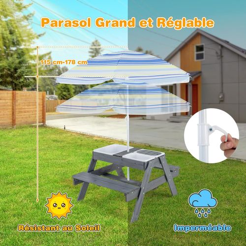 Table De Pique-nique Enfants Avec Parasol Réglable Et 3 Bacs Amovible, Charge 100kg