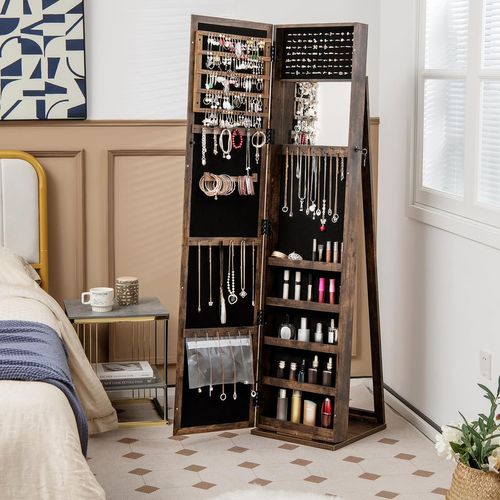 Armoire à Bijoux Sur Pieds, Miroir HD Pleine Longueur Et Miroir De Maquillage, Marron Rustique