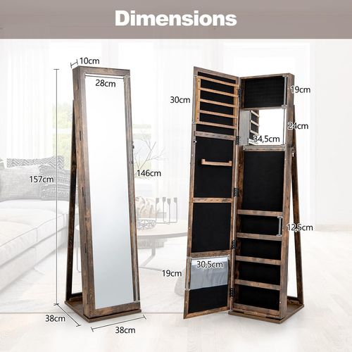 Armoire à Bijoux Sur Pieds, Miroir HD Pleine Longueur Et Miroir De Maquillage, Marron Rustique
