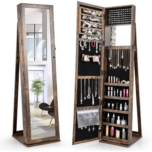 Armoire à Bijoux Sur Pieds, Miroir HD Pleine Longueur Et Miroir De Maquillage, Marron Rustique