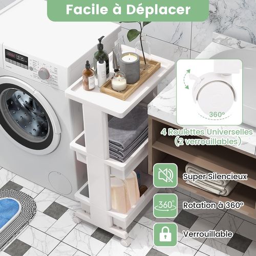 Desserte à Roulettes à 3 Niveaux, Desserte Cuisine Avec Roues Verrouillables, 30 X 45 X 81 Cm, Blanc