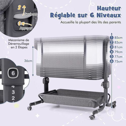 Lit Cododo Bébé Avec Matelas Et 6 Hauteur Réglable(75-85cm), Charge 9kg Pour 0-6 Mois (gris Clair)