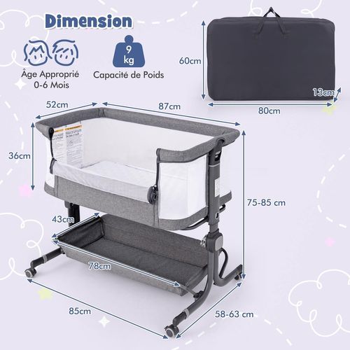 Lit Cododo Bébé Avec Matelas Et 6 Hauteur Réglable(75-85cm), Charge 9kg Pour 0-6 Mois (gris Clair)